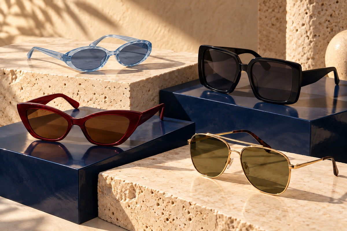Ice-blue oval, black oversized square, cherry cat-eye and gold aviator sunglasses arranged on stone and navy plinths.