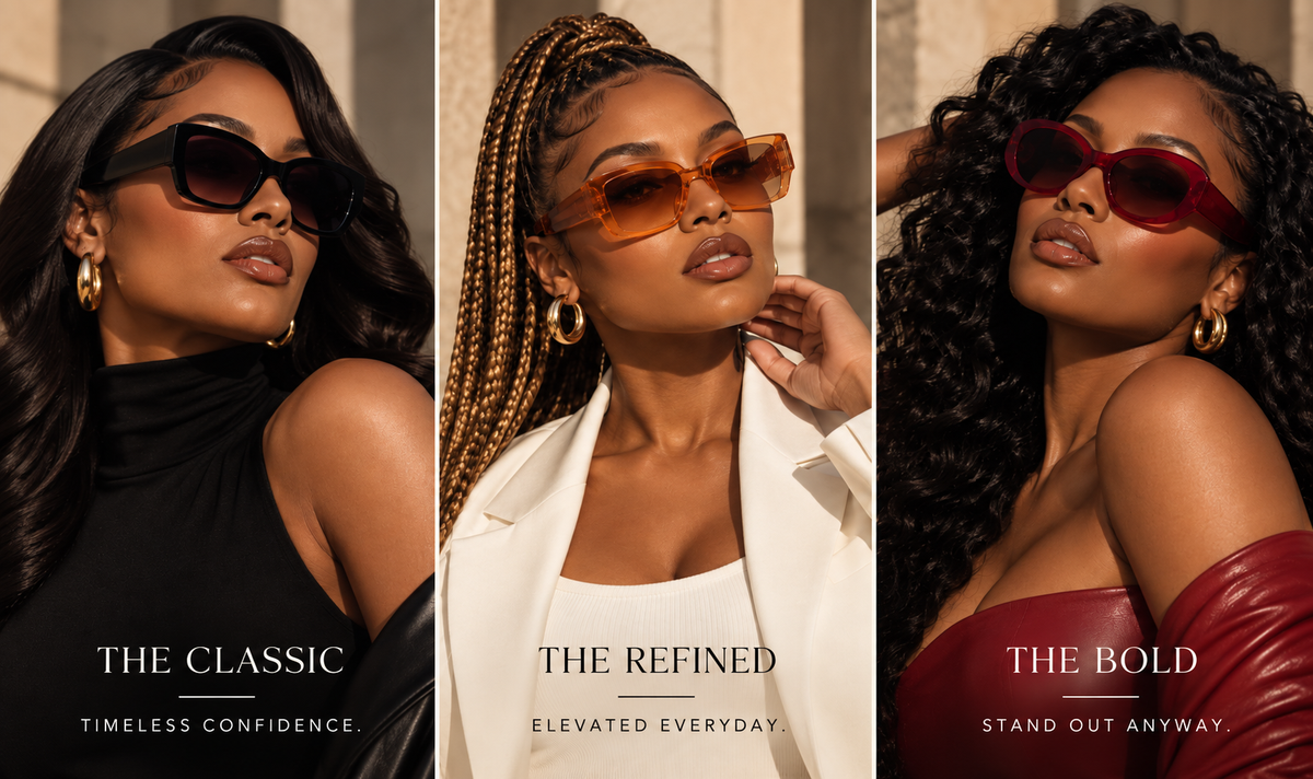 Three Black women styled in black, cream and burgundy, wearing black, amber and red sunglasses with logo-free temples.