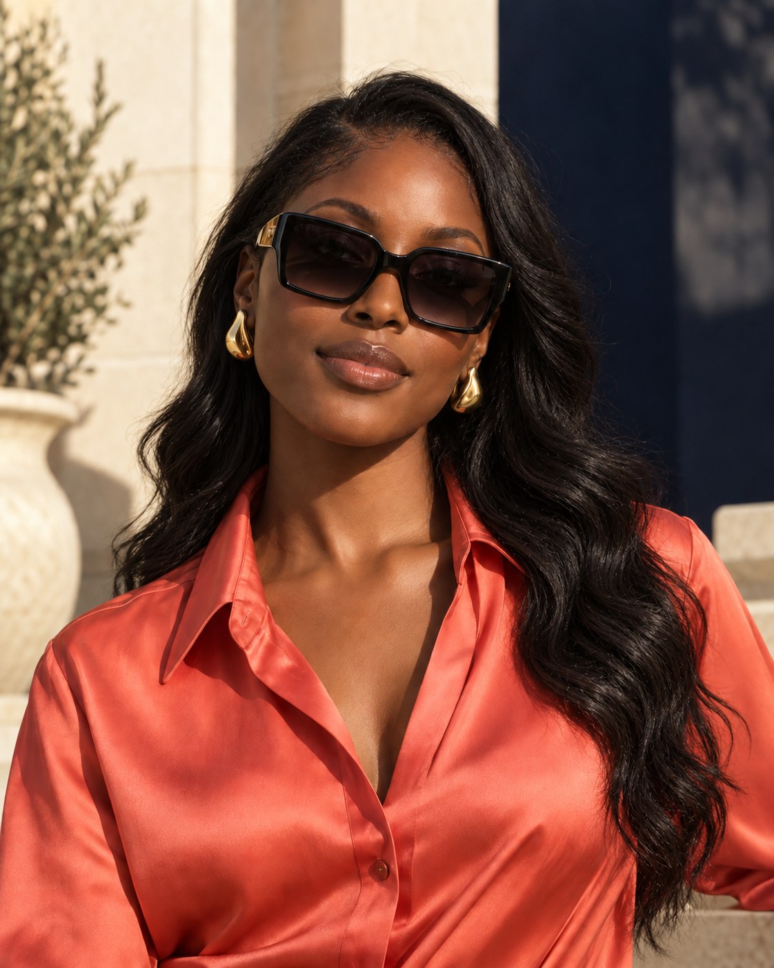 Woman with loose dark waves wearing black statement sunglasses and a coral blouse.