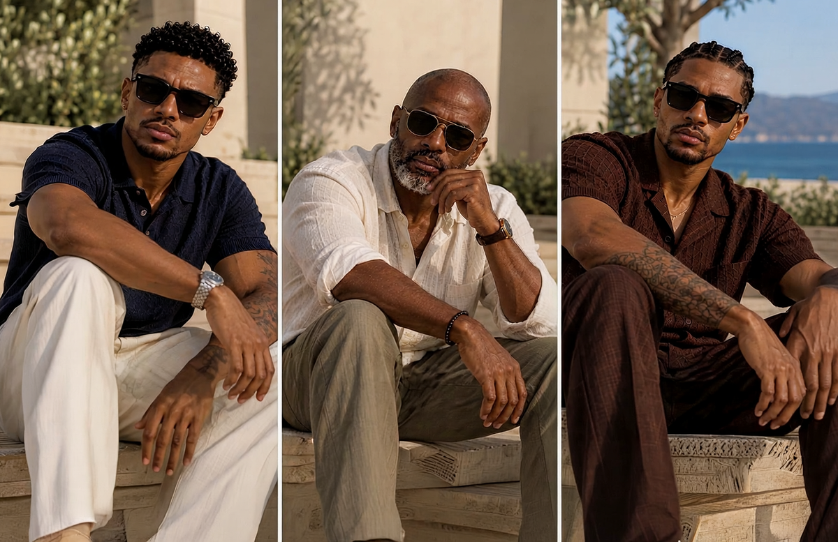 Three men in navy, white and brown shirts wearing statement sunglasses